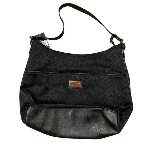 Tommy Hilfiger Women's Leather-Trimmed Hobo Handbag – Black - Picture 1 of 2